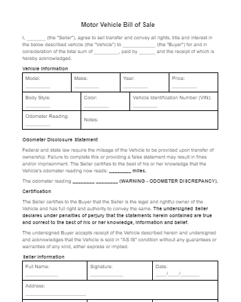 Motor Vehicle Bill of Sale