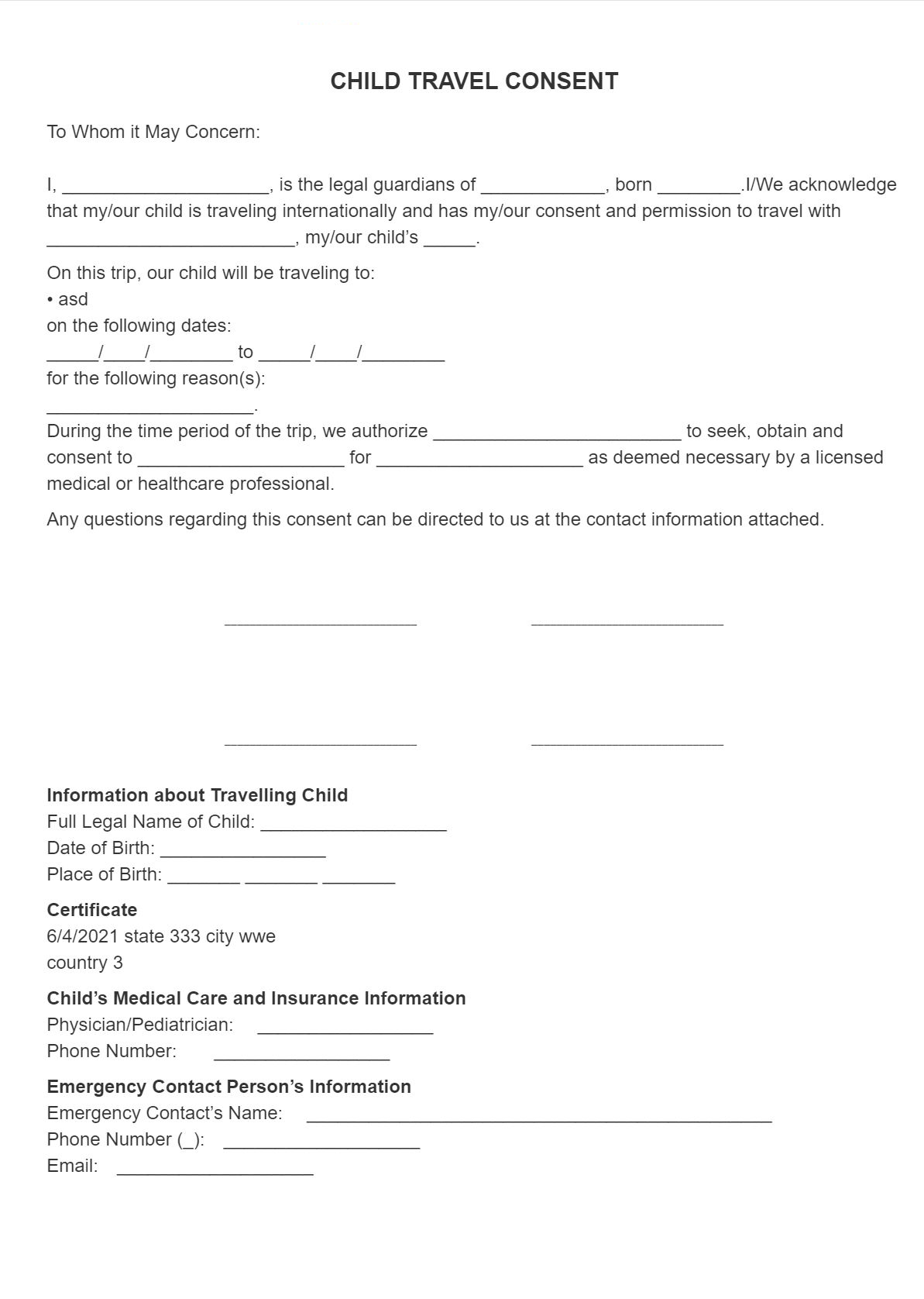 Child Travel Consent Form